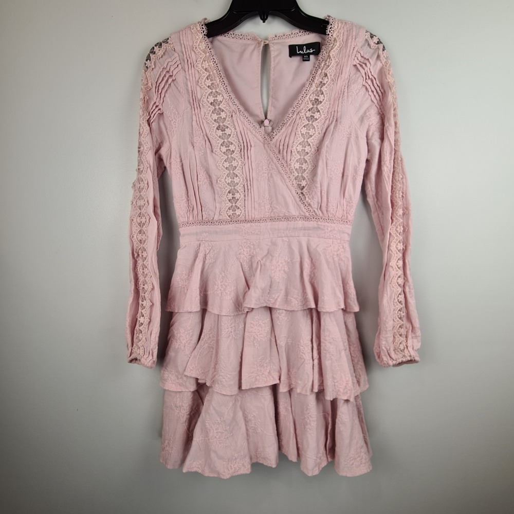 Lulu's Be My Forever Love Lace Embroidered Tiered‎ Mini Dress Size XS Light Pink